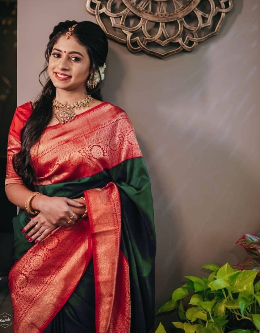 Dark green soft lichi silk jacquard weaving work wedding saree