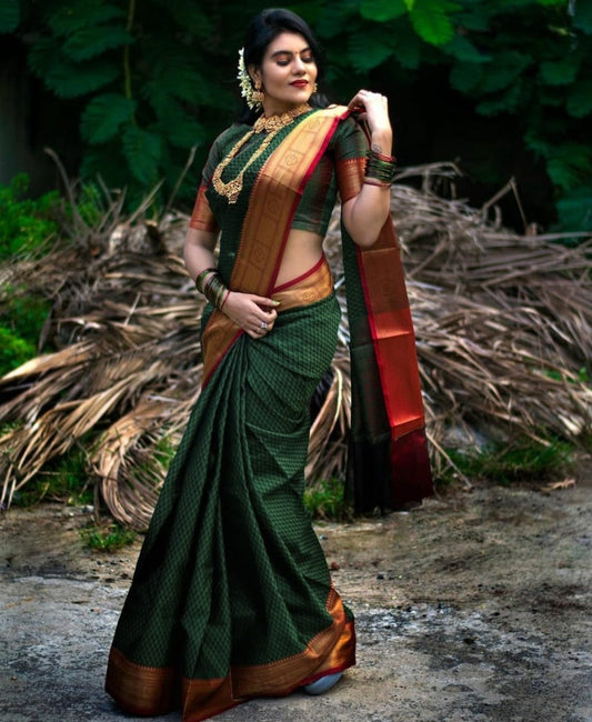 Dark green soft lichi silk jacquard weaving work wedding saree