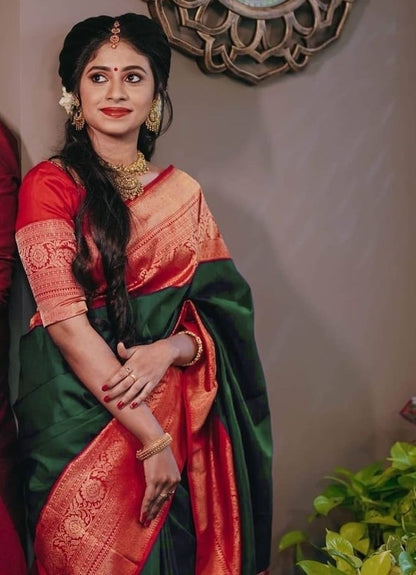 Dark green soft lichi silk jacquard weaving work wedding saree