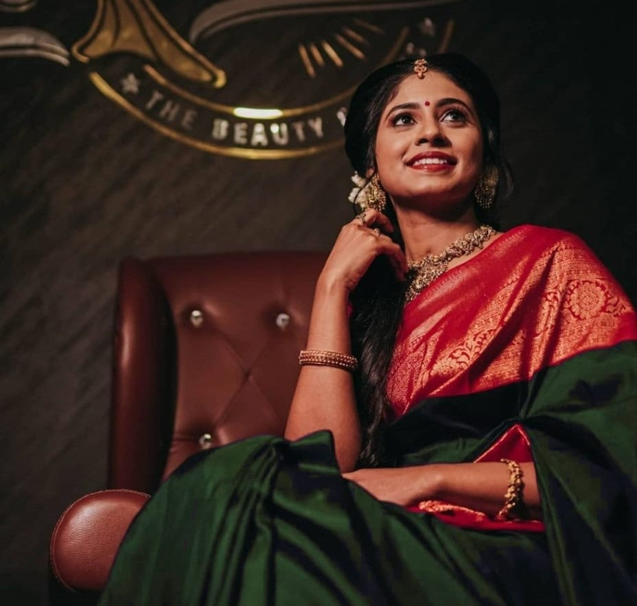 Dark green soft lichi silk jacquard weaving work wedding saree