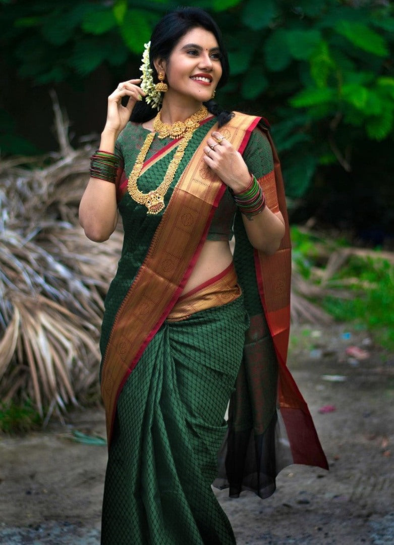 Dark green soft lichi silk jacquard weaving work wedding saree