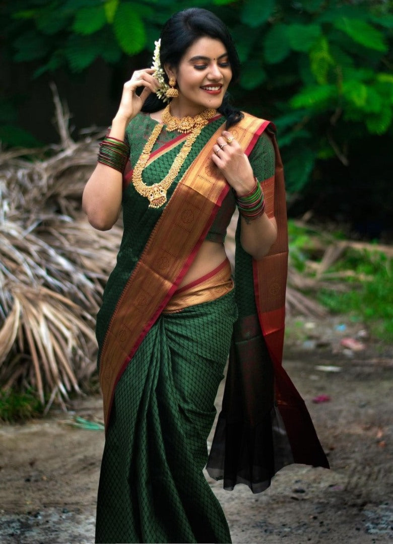 Dark green soft lichi silk jacquard weaving work wedding saree