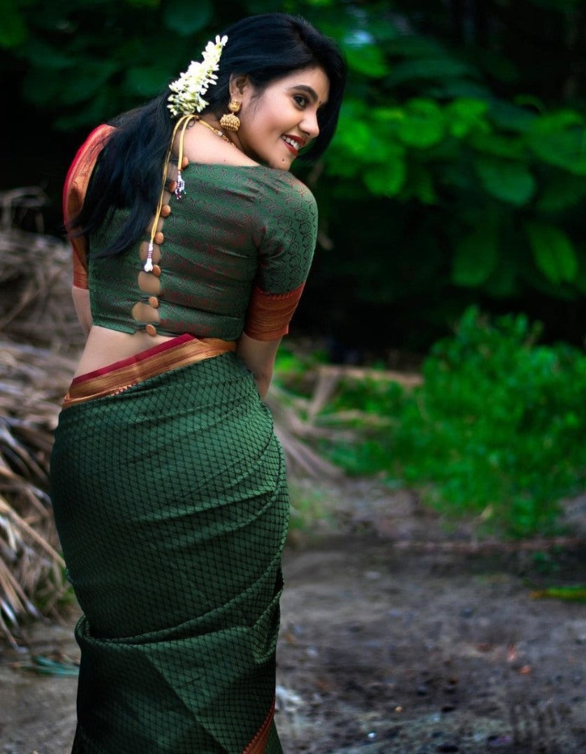 Dark green soft lichi silk jacquard weaving work wedding saree