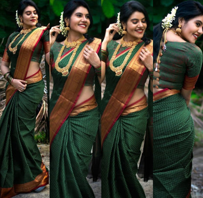 Dark green soft lichi silk jacquard weaving work wedding saree