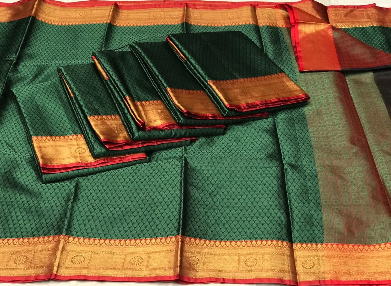 Dark green soft lichi silk jacquard weaving work wedding saree