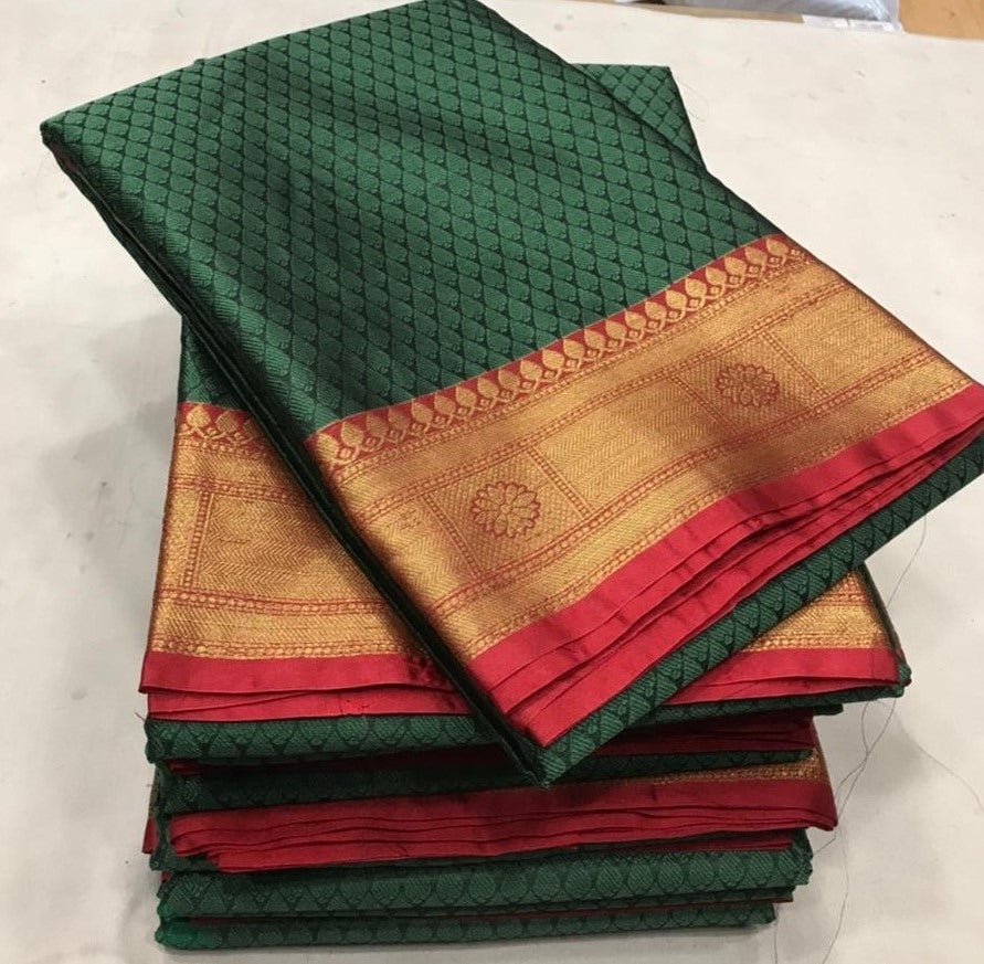 Dark green soft lichi silk jacquard weaving work wedding saree