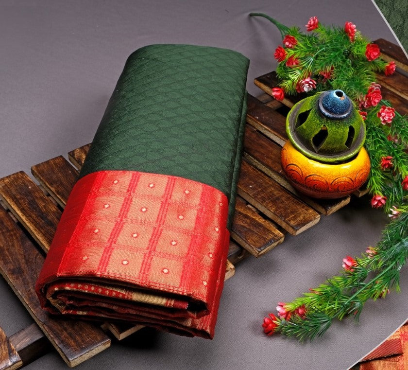 Dark green soft lichi silk jacquard weaving work wedding saree