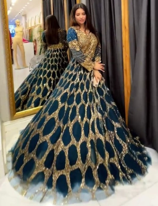 Dark green soft net heavy sequence embroidered party wear gown