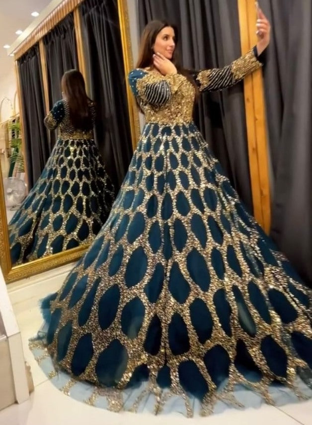 Dark green soft net heavy sequence embroidered party wear gown