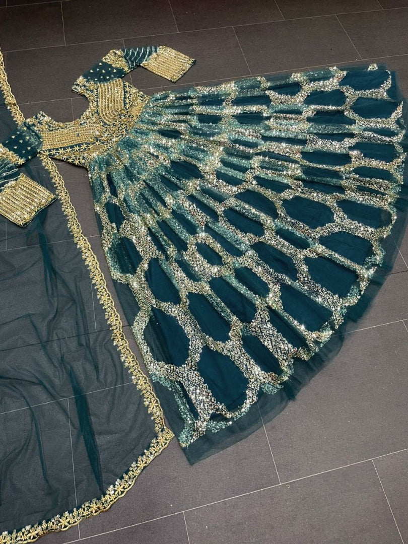 Dark green soft net heavy sequence embroidered party wear gown