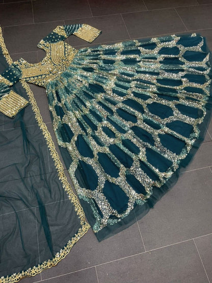Dark green soft net heavy sequence embroidered party wear gown