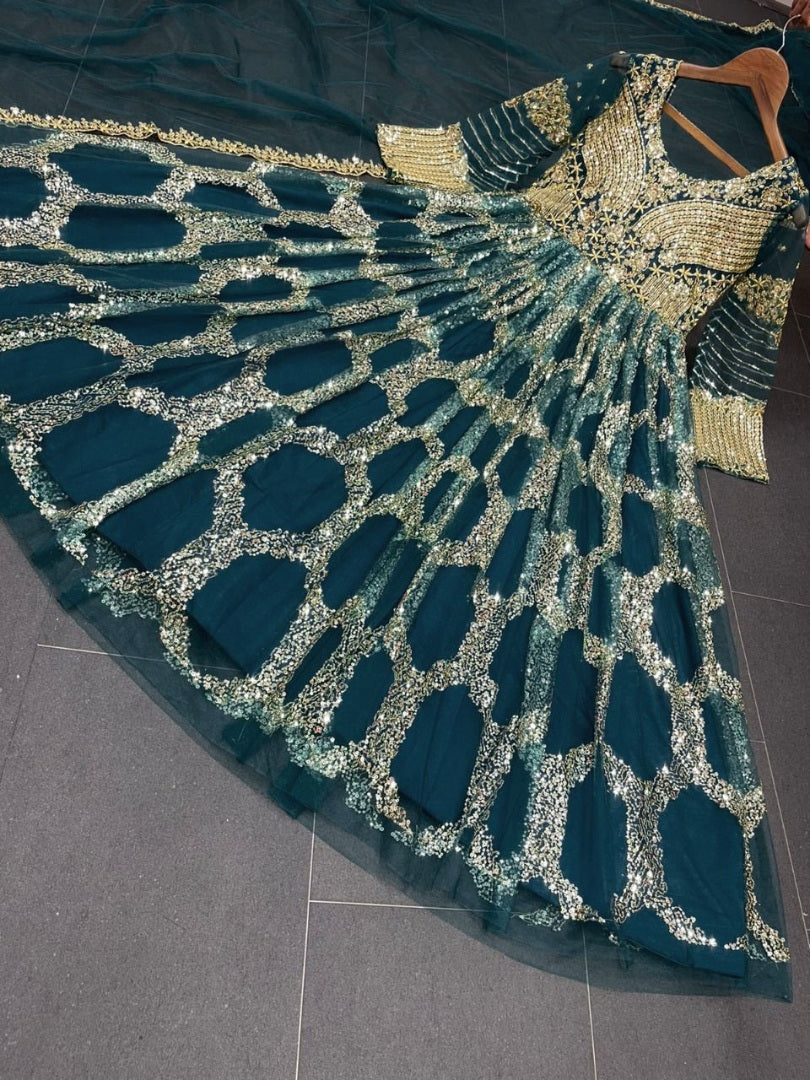 Dark green soft net heavy sequence embroidered party wear gown