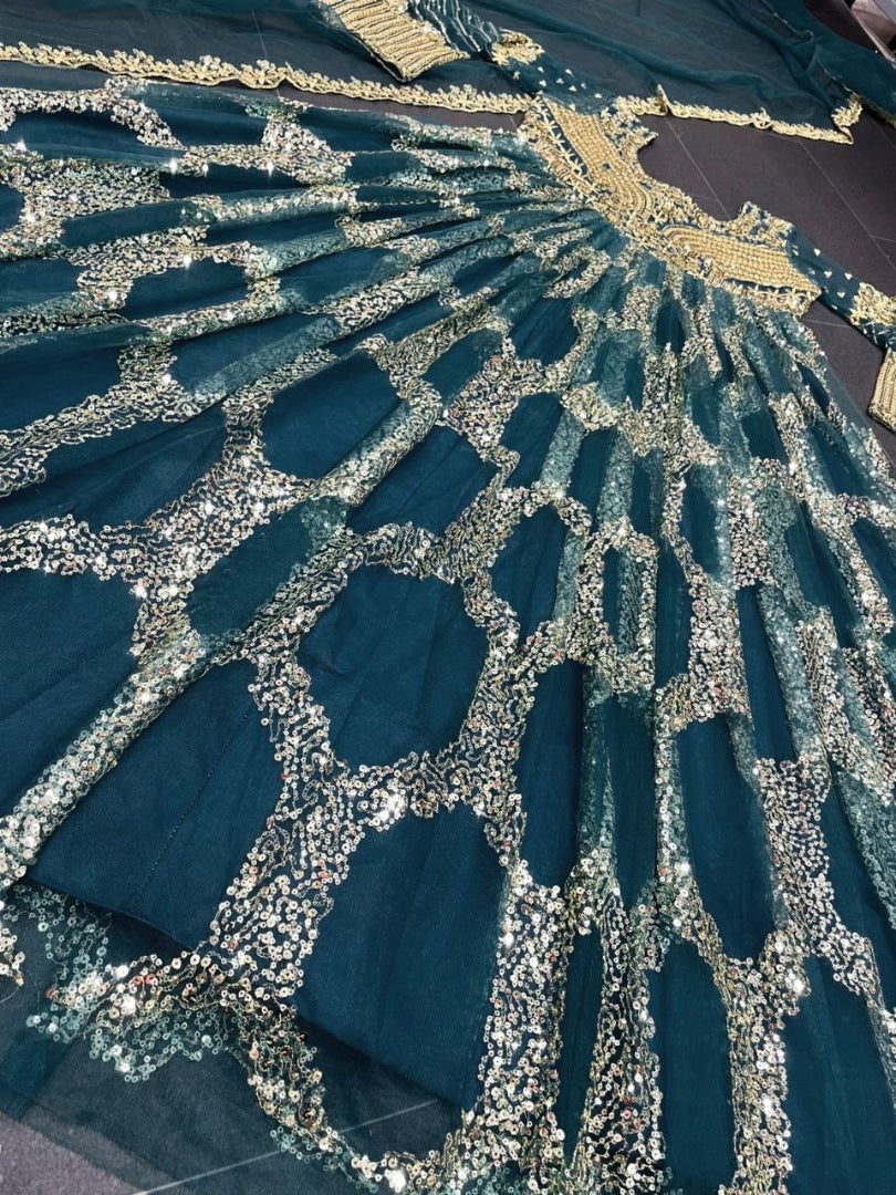 Dark green soft net heavy sequence embroidered party wear gown