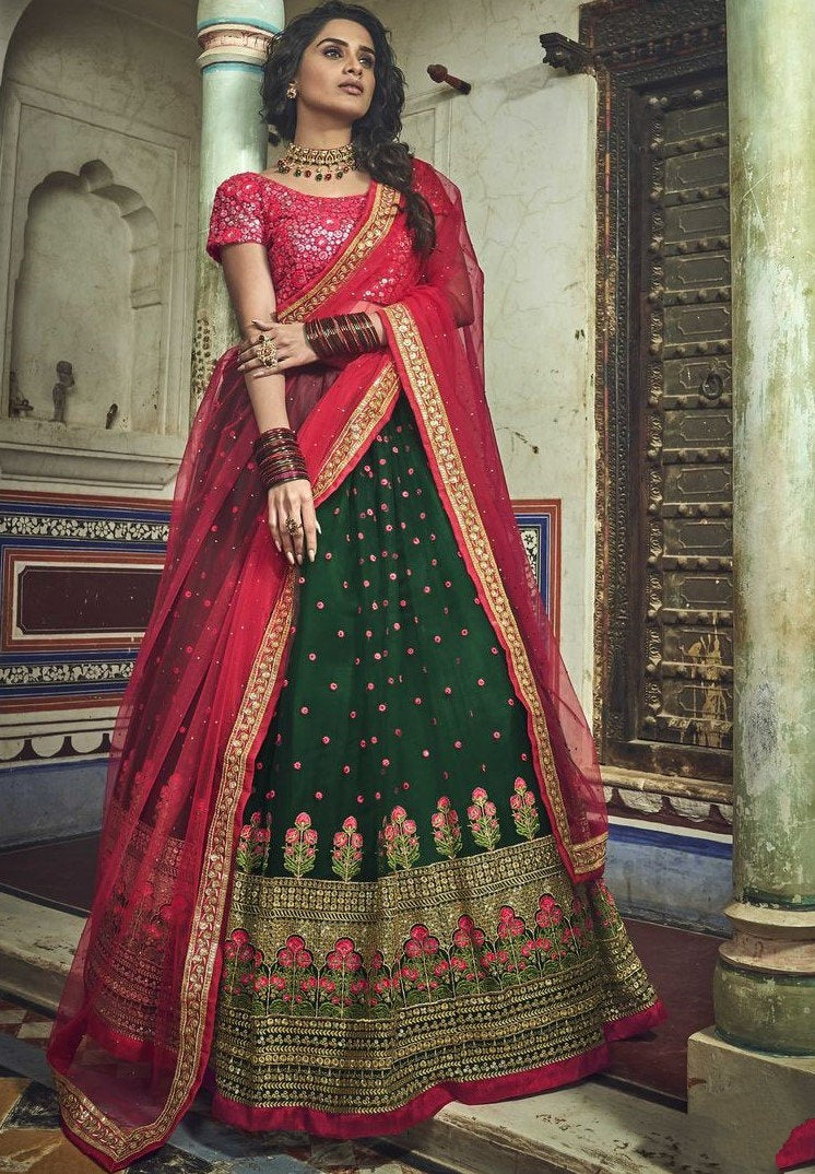 Dark green soft net sequence and zari work bridal lehenga choli