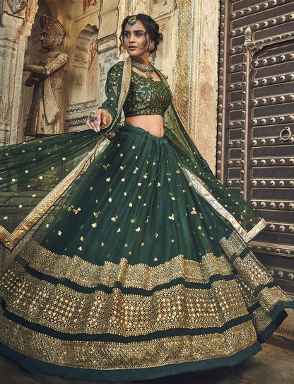 Dark green soft net sequence and zari work bridal lehenga choli