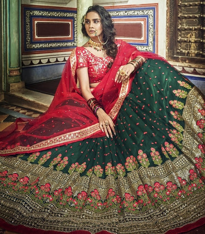 Dark green soft net sequence and zari work bridal lehenga choli
