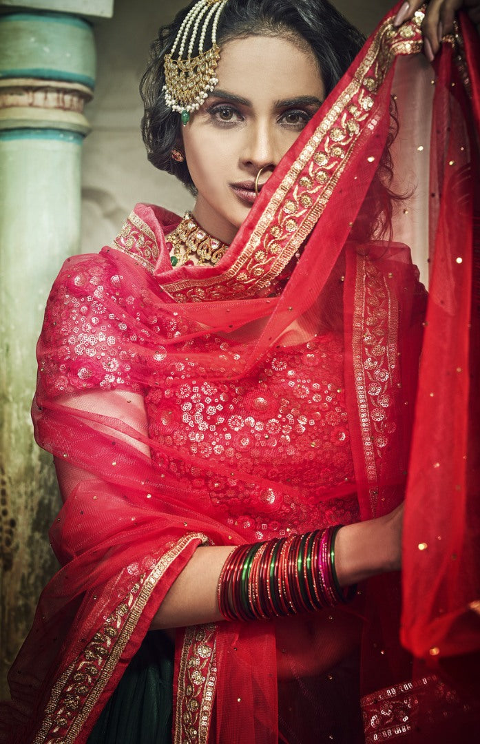 Dark green soft net sequence and zari work bridal lehenga choli