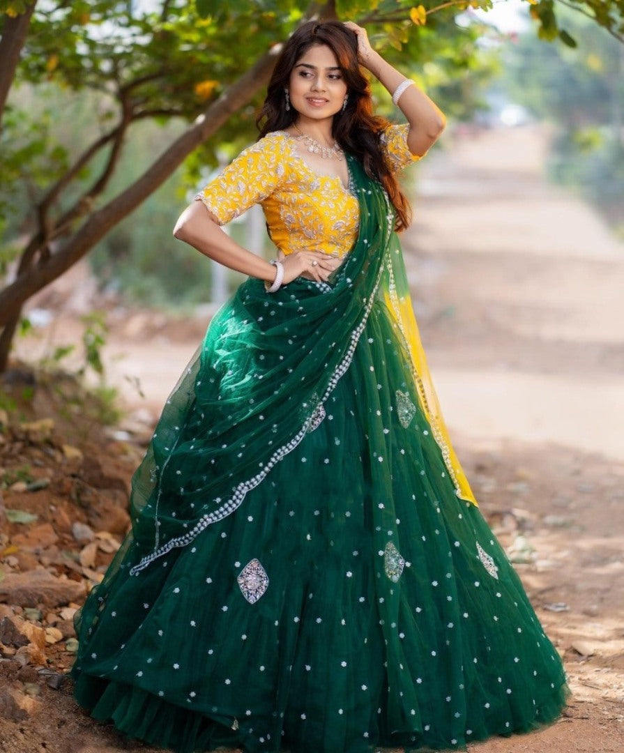 Dark green soft net sequence embroidered work ceremonial lehenga choli
