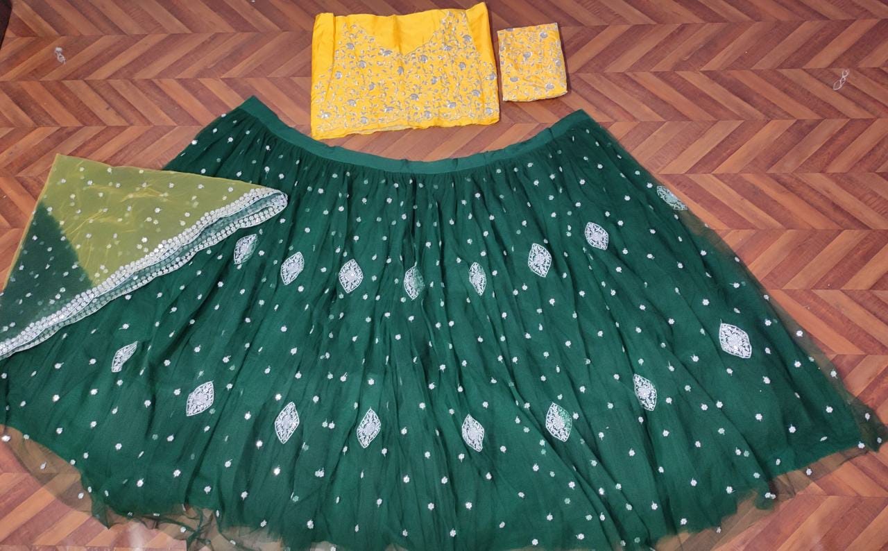 Dark green soft net sequence embroidered work ceremonial lehenga choli