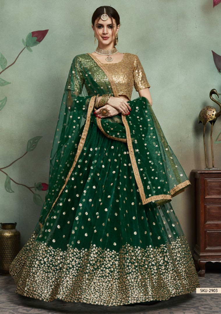 Dark green soft net sequence worked lehenga choli