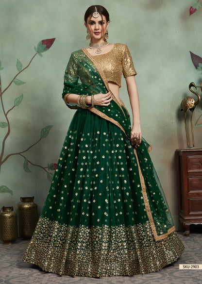 Dark green soft net sequence worked lehenga choli