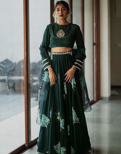 Dark green taffeta embroidered organza digital printed lehenga choli