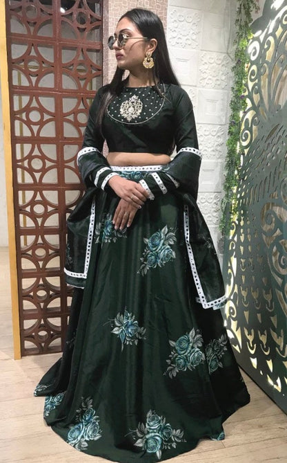 Dark green taffeta embroidered organza digital printed lehenga choli