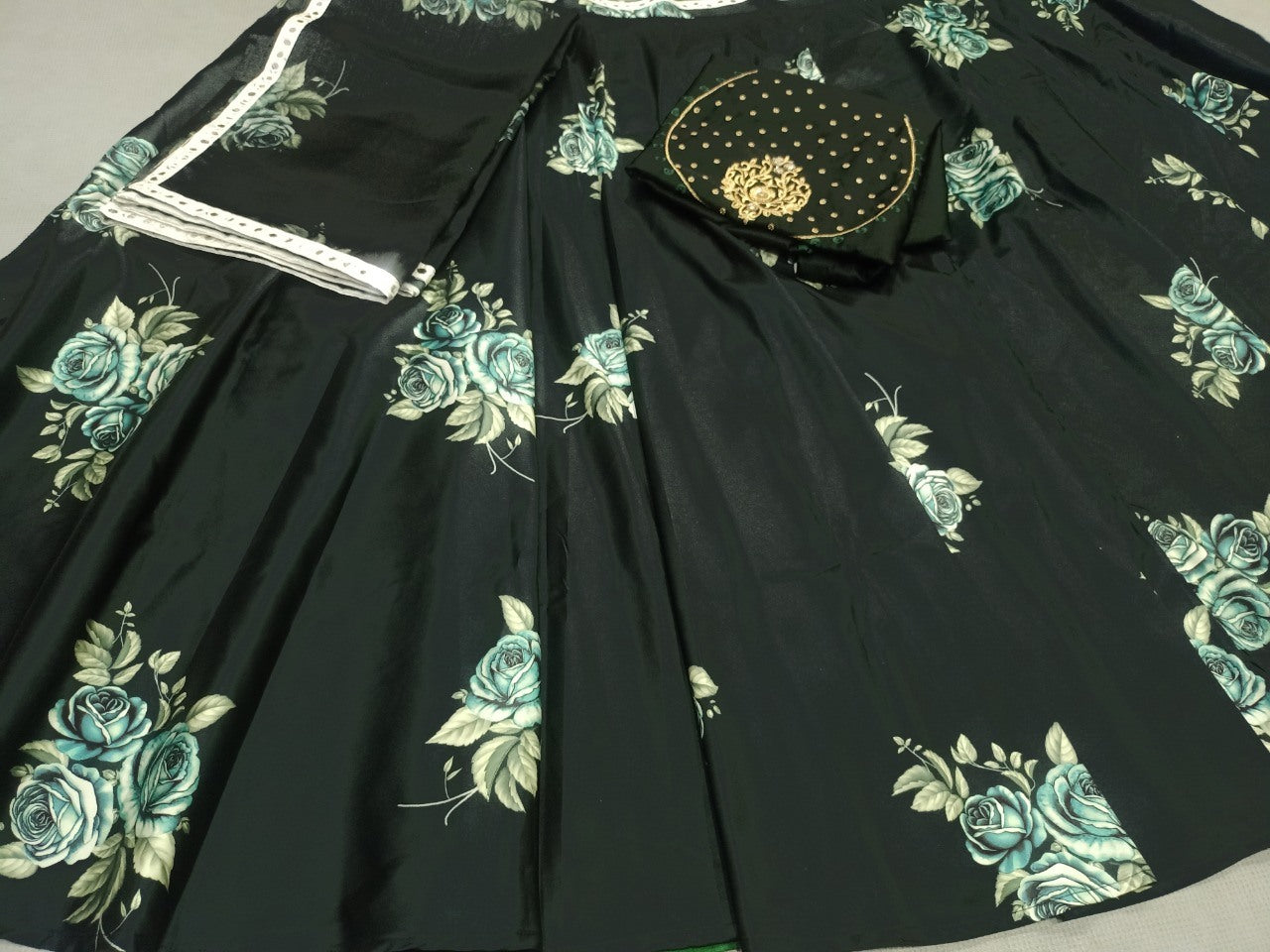 Dark green taffeta embroidered organza digital printed lehenga choli