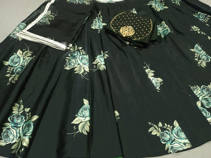 Dark green taffeta embroidered organza digital printed lehenga choli