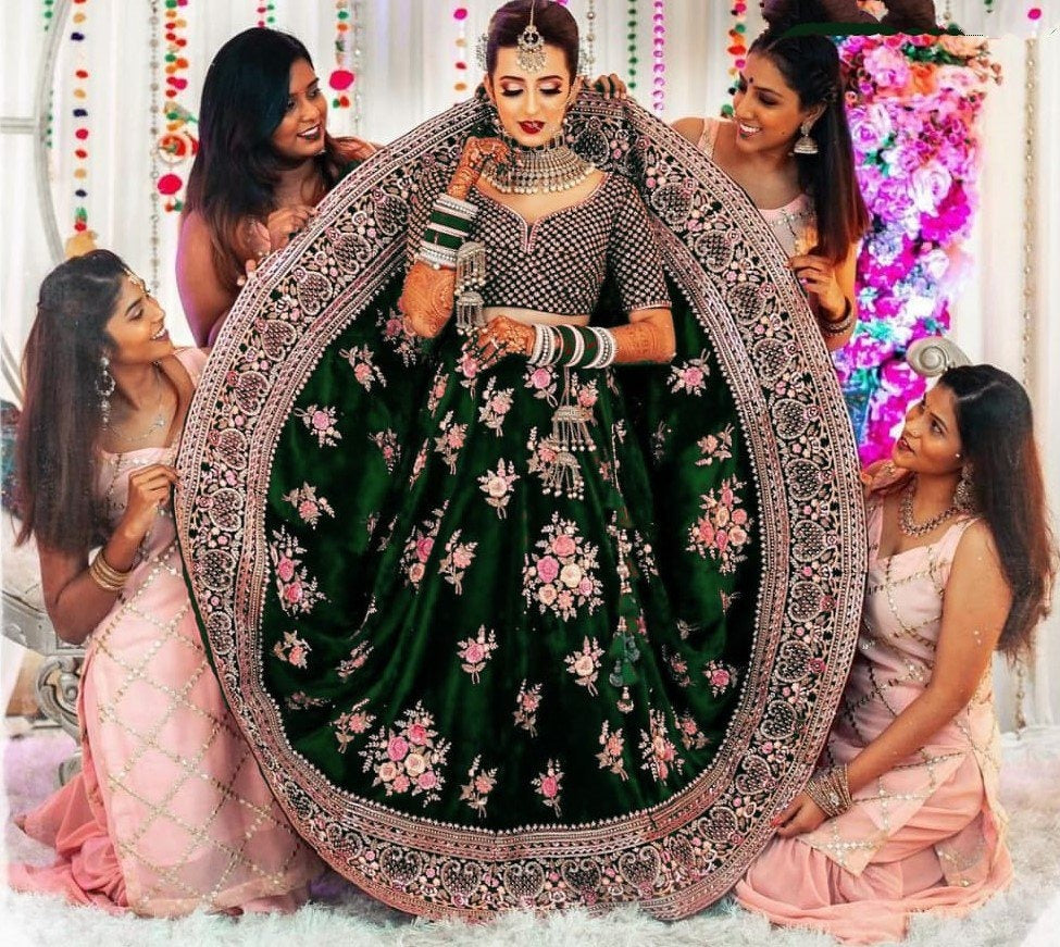 Dark green taffeta velvet heavy embroidered work wedding lehenga choli