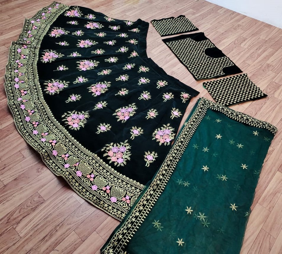 Dark green taffeta velvet heavy embroidered work wedding lehenga choli