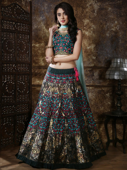 Dark green thai silk metallic foil work bridal lehenga choli