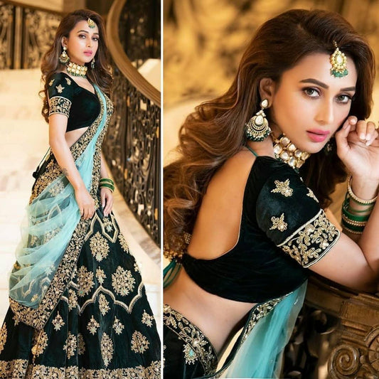 Dark green velvet embroidered wedding lehenga choli