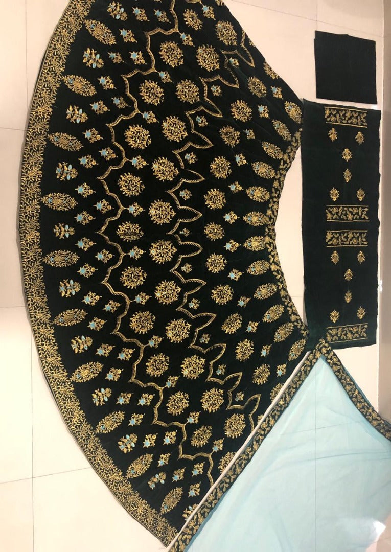 Dark green velvet embroidered wedding lehenga choli