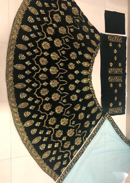 Dark green velvet embroidered wedding lehenga choli
