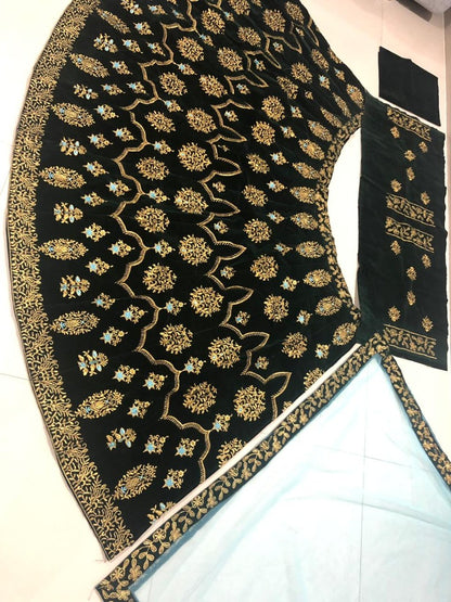 Dark green velvet embroidered wedding lehenga choli
