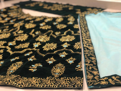 Dark green velvet embroidered wedding lehenga choli