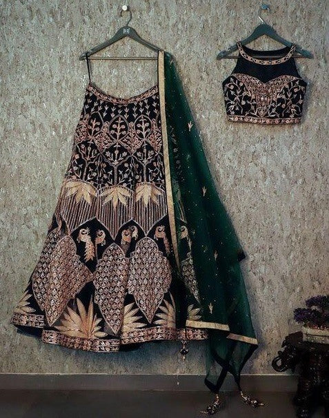 Dark green velvet heavy embroidered wedding lehenga choli