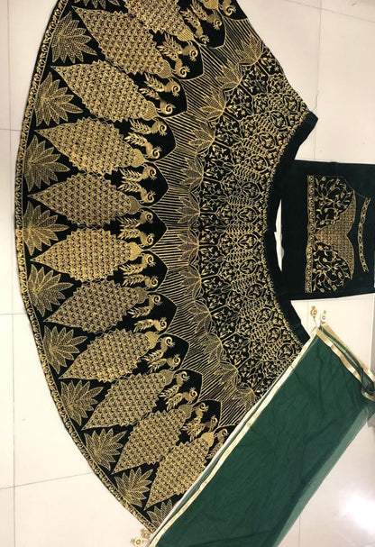 Dark green velvet heavy embroidered wedding lehenga choli