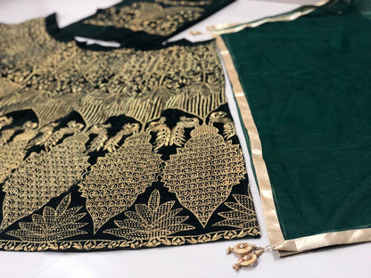 Dark green velvet heavy embroidered wedding lehenga choli