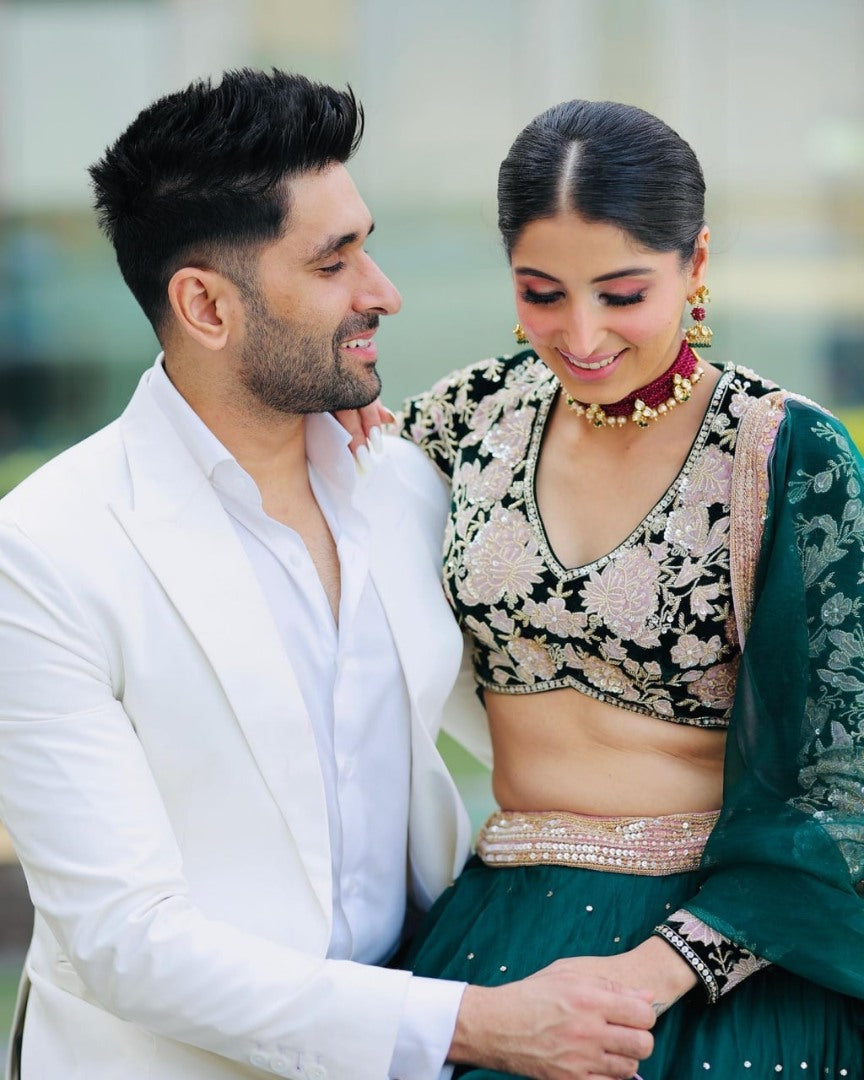 Dark green vevlet embroidery worked wedding lehenga choli