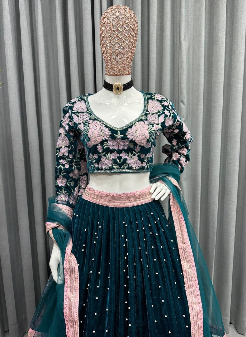 Dark green vevlet embroidery worked wedding lehenga choli