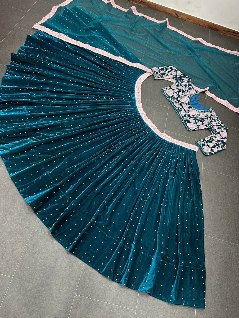 Dark green vevlet embroidery worked wedding lehenga choli