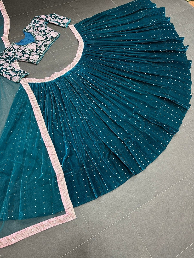 Dark green vevlet embroidery worked wedding lehenga choli