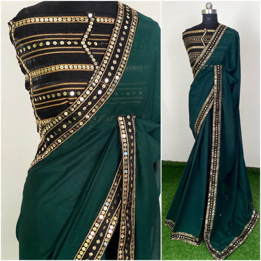 Dark green vichitra silk sequence work partywear saree