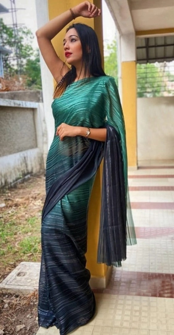 Dark green vichitra silk weightless silver zari patta work saree