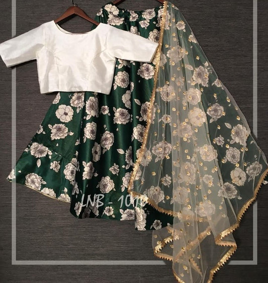 Dark green zari satin silk flower printed party wear lehenga choli