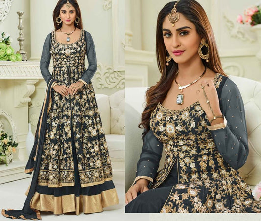 Dark Grey Colored Mulburry Silk with Mono Net Digital Zari Embroidery and Moti Work Semi Stitched gown