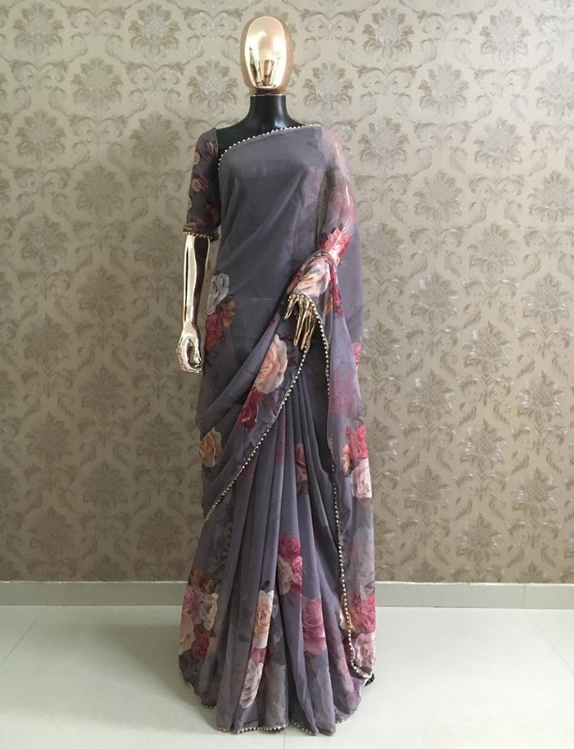 Dark grey floral printed pearl lace saree