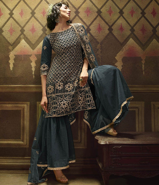 Dark Grey soft net sequence work party wear sharara salwar suit